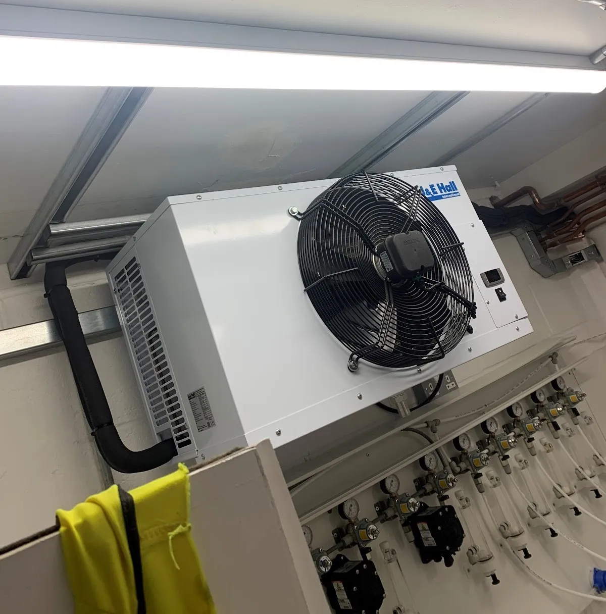 Commercial cooling unit. Evaporator fitted in a cold room.