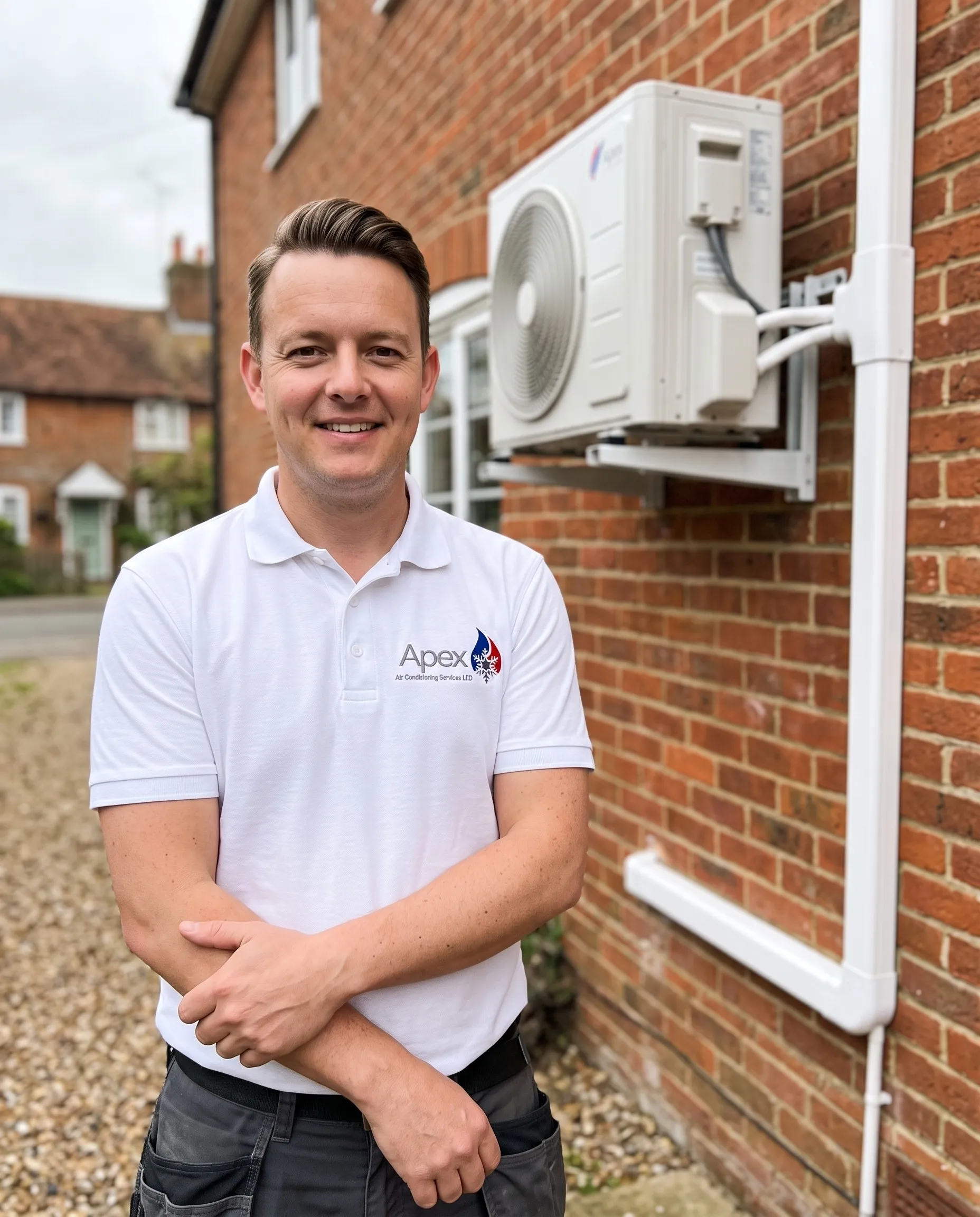 Olly Hughes, owner of Apex Air Conditioning, outside a house with an outdoor unit Apex fitted on the wall behind him