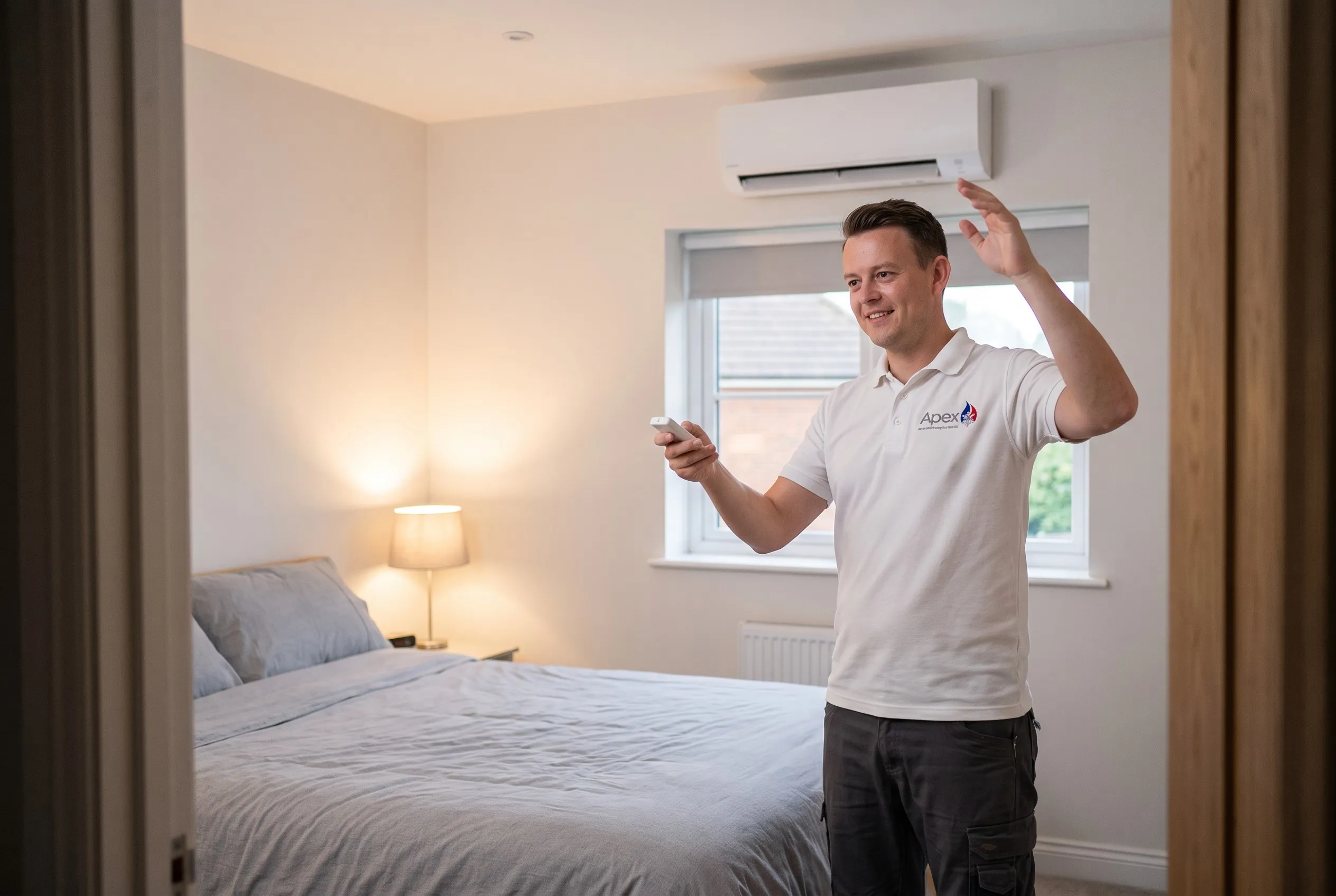 Olly testing a newly fitted bedroom air conditioning unit with the remote, beside a made bed