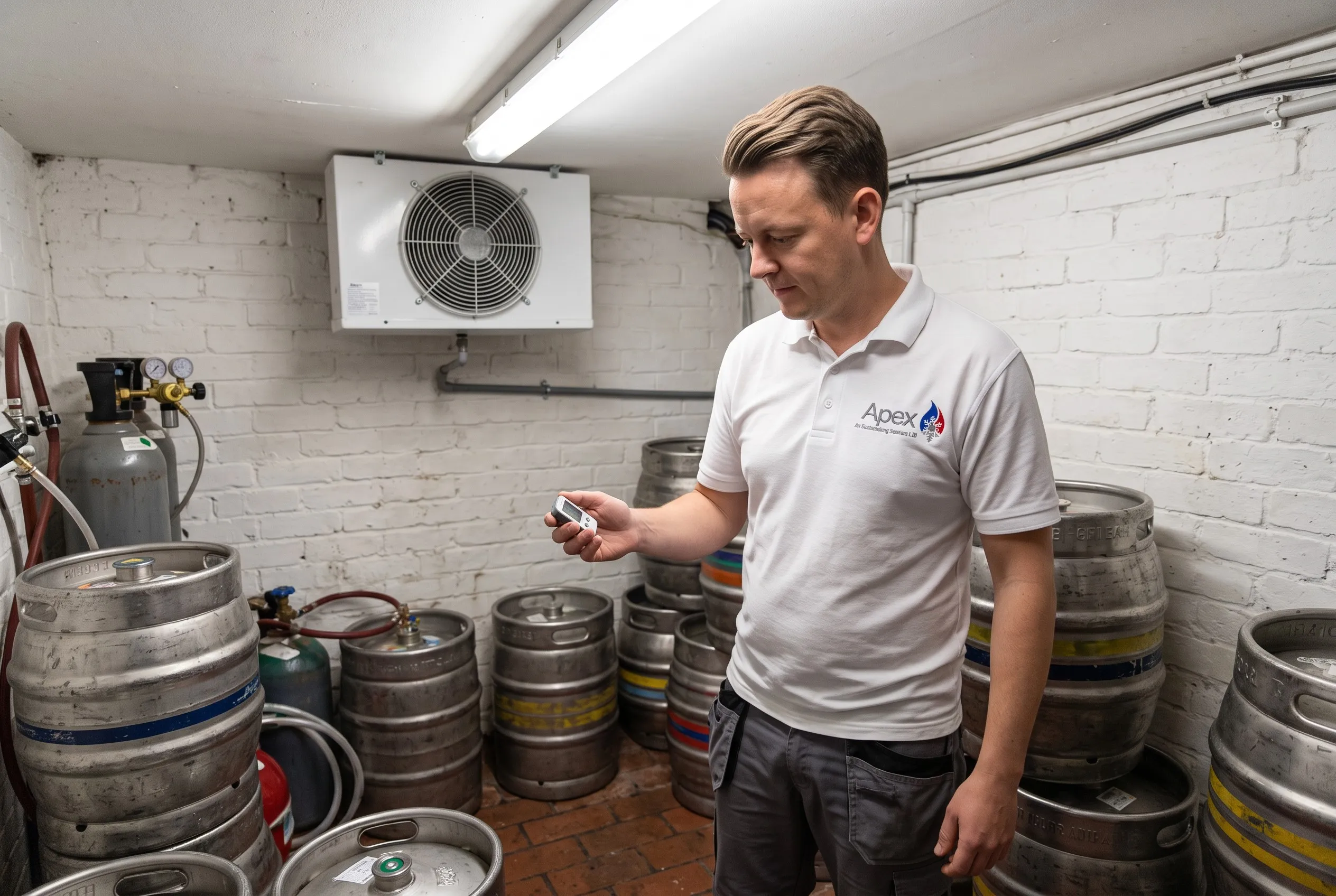 Olly checking the temperature in a pub cellar