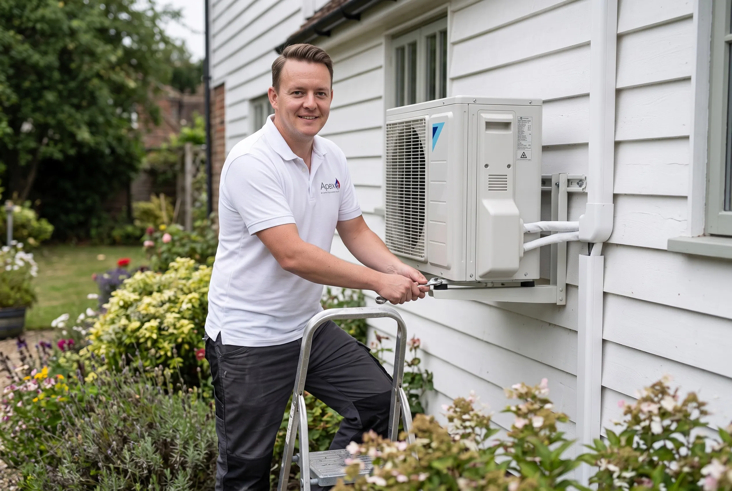 Olly fitting the outdoor unit of an air to air heat pump on a wall bracket at a Kent cottage