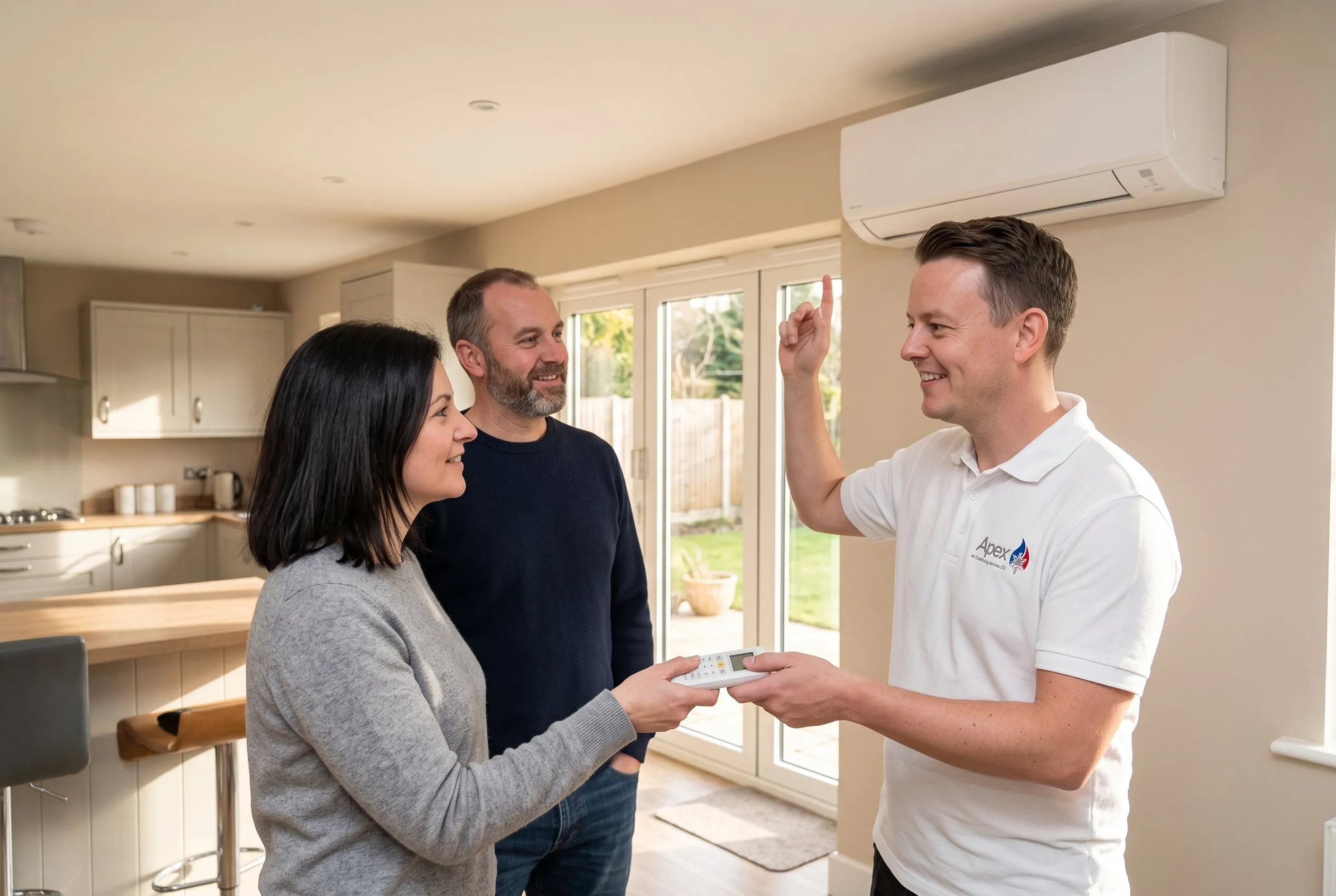 Olly from Apex explaining a newly fitted air conditioning unit to a couple and handing over the remote