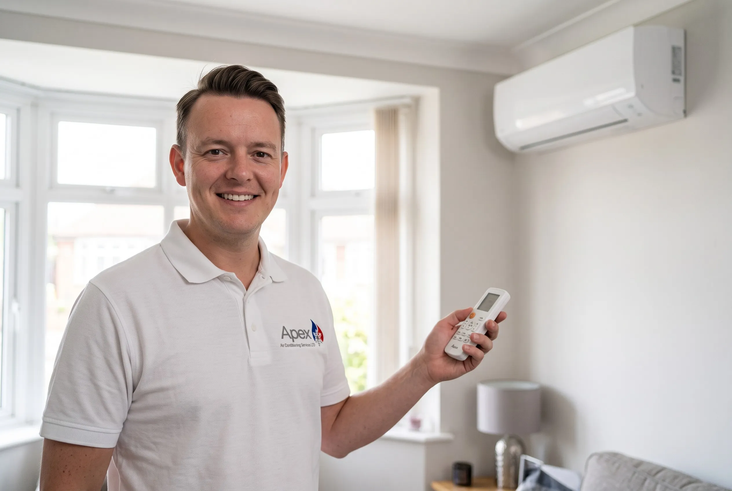 Olly from Apex Air Conditioning in Dartford, holding the remote beside a newly fitted wall-mounted unit in a living room