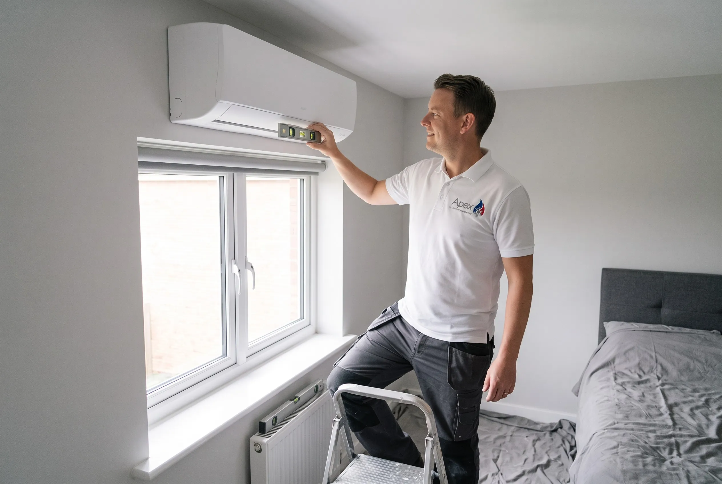 Olly levelling a new wall-mounted unit in a bedroom, with dust sheets down