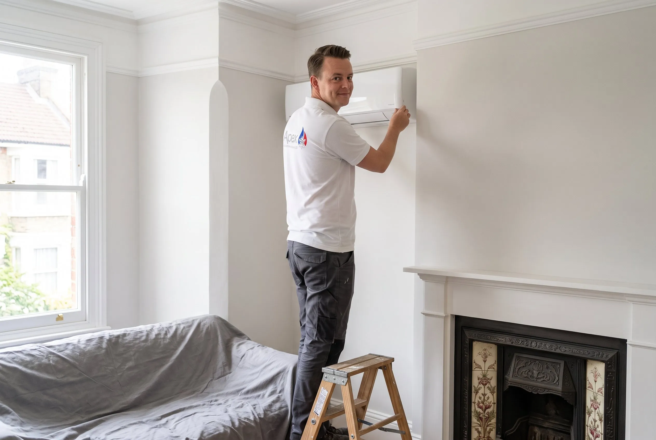 Wall mounted air conditioning: Olly clipping the cover onto a newly fitted wall unit in a living room