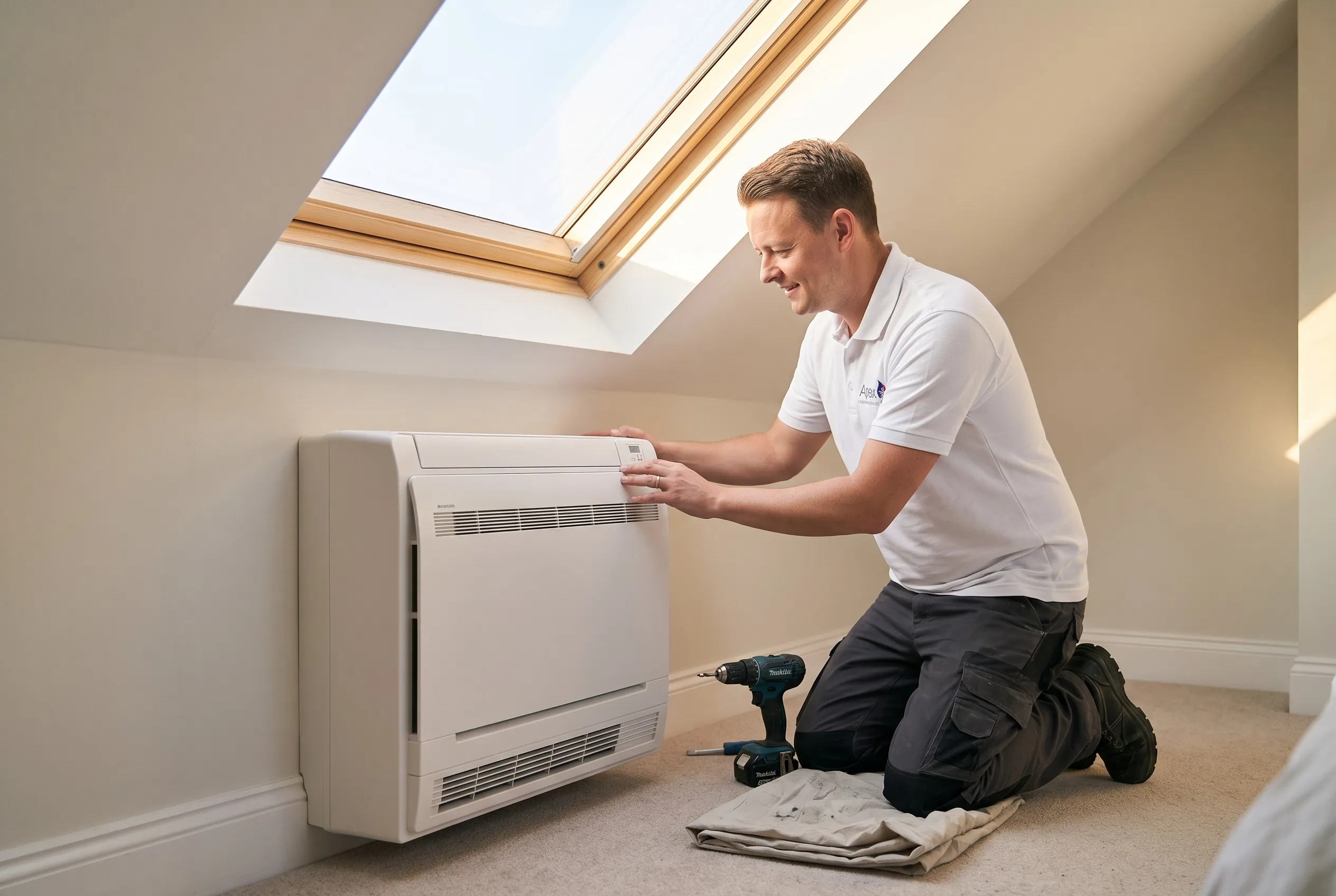 Olly fitting a floor-mounted unit in a loft conversion