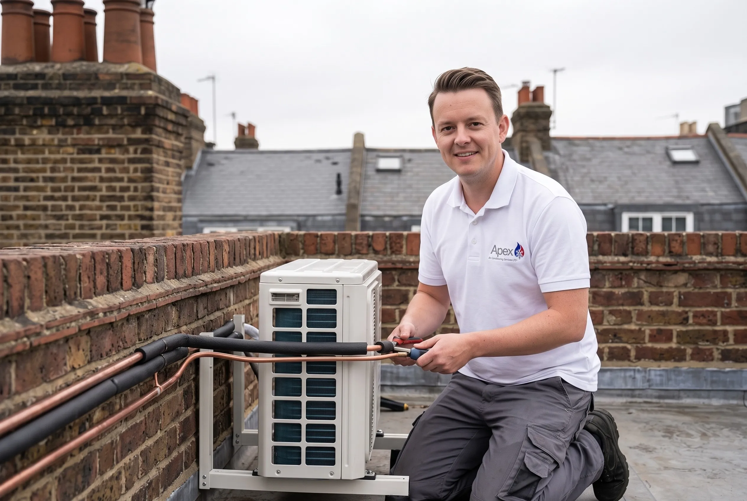 Olly from Apex connecting an outdoor unit on a London roof terrace