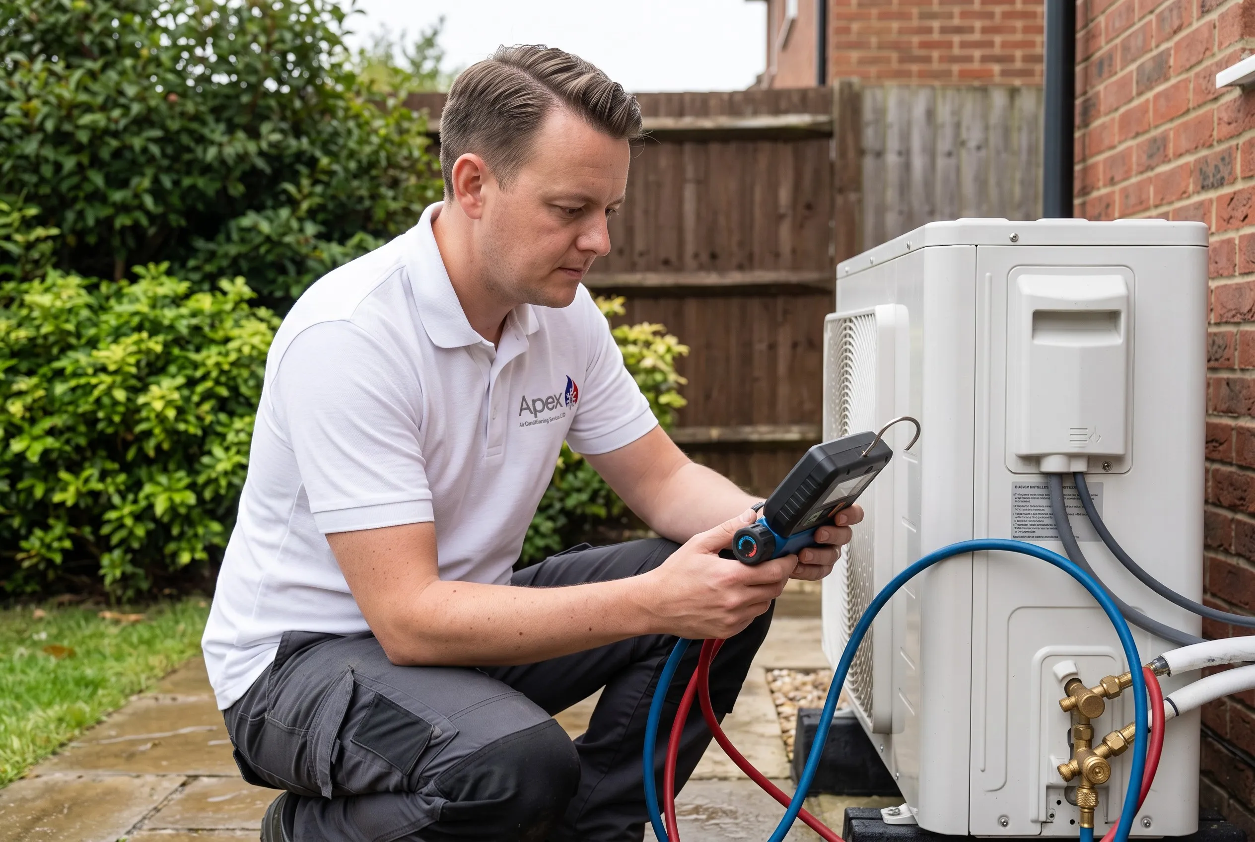 Olly checking an outdoor unit with refrigerant gauges
