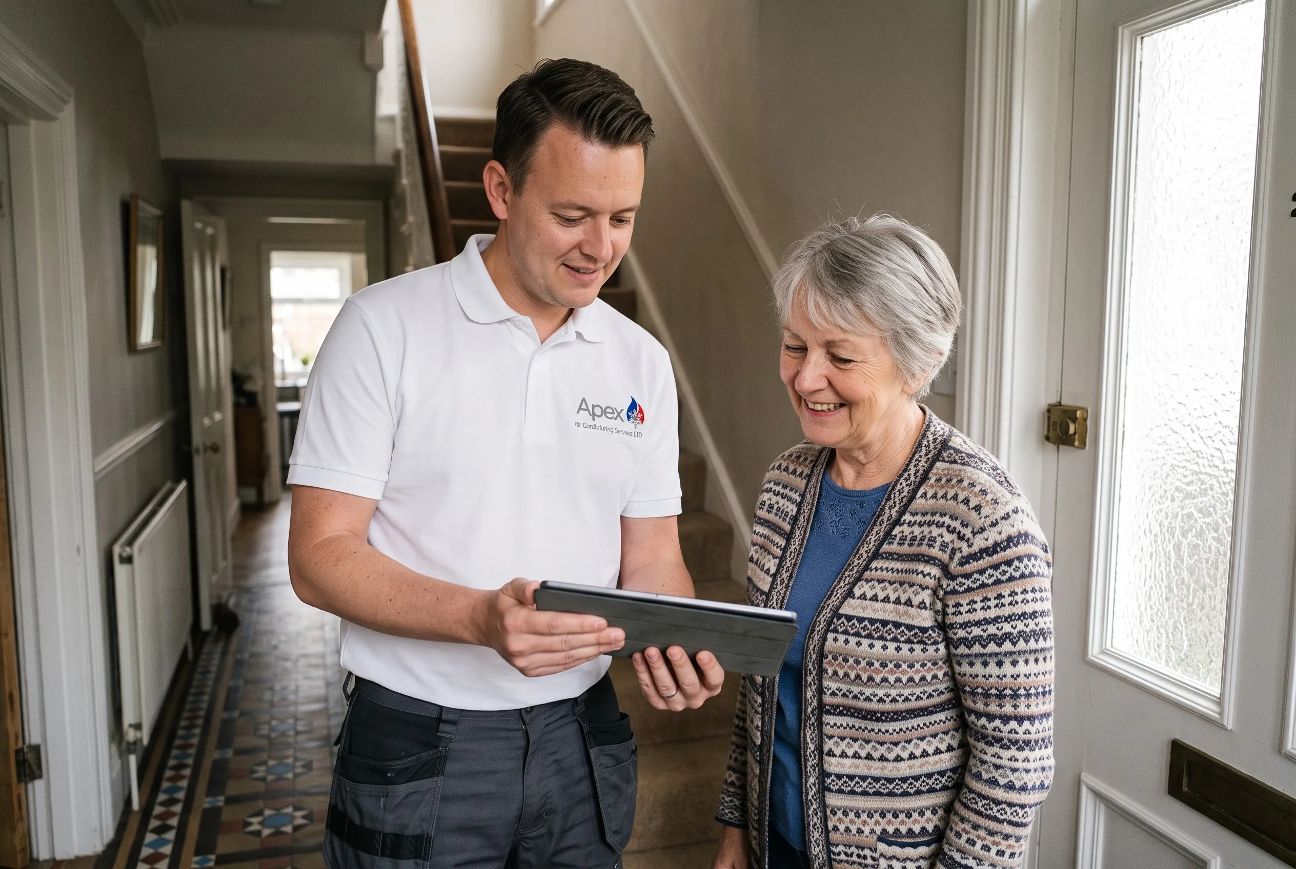 Olly showing a homeowner the options on a tablet in her hallway